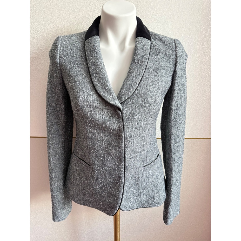 Emporio Armani Metallic Silver Tweed Pant Suit Velvet Collar Blazer Set EU 38 - Picture 2 of 16
